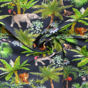 Katoen - Wild Animals and Palm Trees on Navy