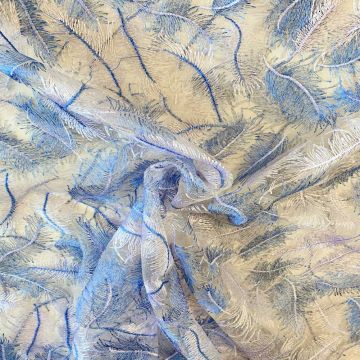 Mesh - Embroidery Feathers - Blue/White